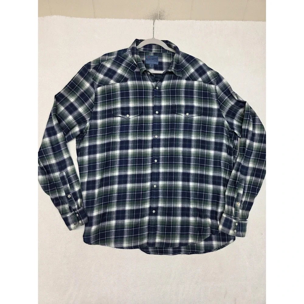 Lucky Brand Shirt Mens 2XL Blue Plaid Long Sleeve Snap Western Flannel Stretch